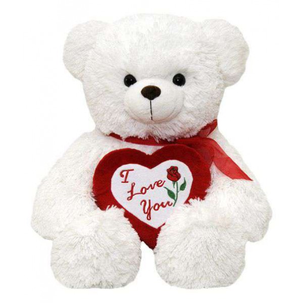 White Fluffy Teddy Bear holding red I Love You Heart